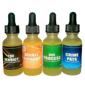 Four bottles of e-liquid with colorful labels