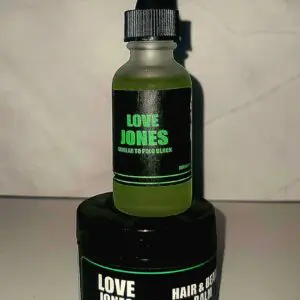 Love Jones hair and beard oil and balm set in green and black packaging.