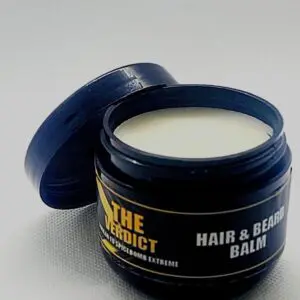 Hair and beard balm in open container