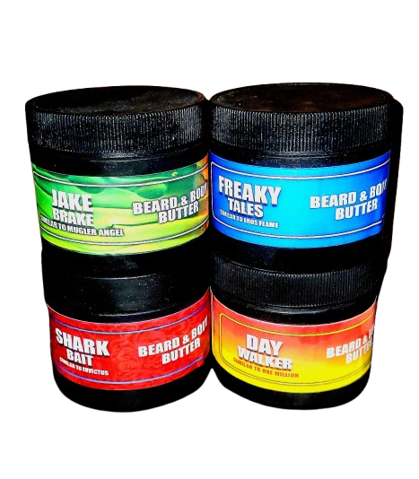 Stacked beard butter jars with colorful labels