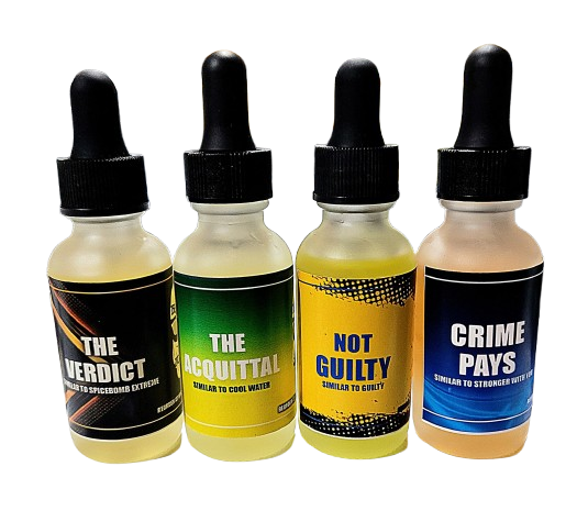 Four dropper bottles with crime-themed labels
