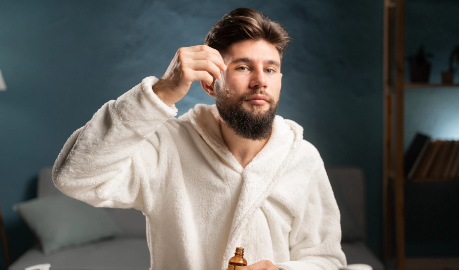 Bearded man using grooming product