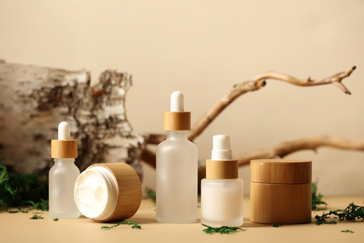 Skincare bottles with natural elements