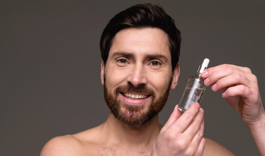 Man holding skincare serum bottle, smiling